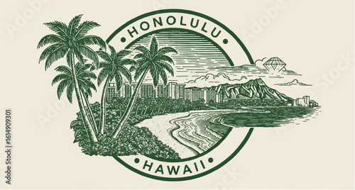 Vintage Honolulu, Hawaii travel sticker. Green engraved-style circular design featuring Waikiki beach, palm trees, and Diamond Head, isolated on a light background.