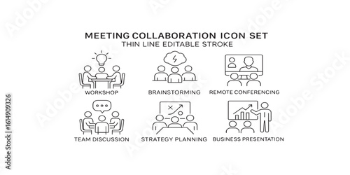 Print  Meeting collaboration icon set. Thin line editable stroke icons for workshops, brainstorming, remote conferencing, team discussions, strategy planning, and business presentations 