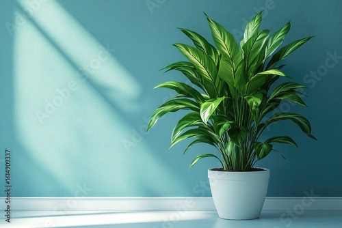Green plant sits in a pot, against blue wall with soft light. Use it for interior design, healthy lifestyle, or office vibes.