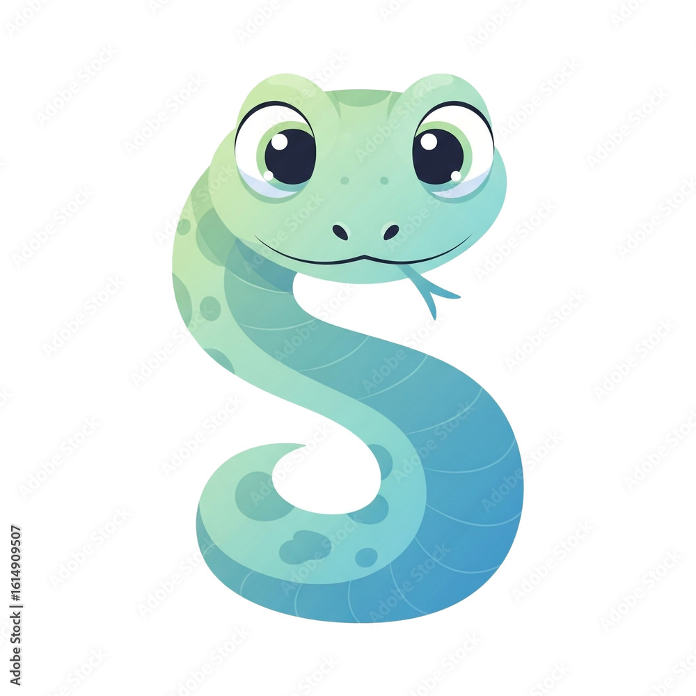 Naklejka premium Playful cartoon serpentine creature with large expressive eyes and a gentle smile curves into a stylized shape for design.