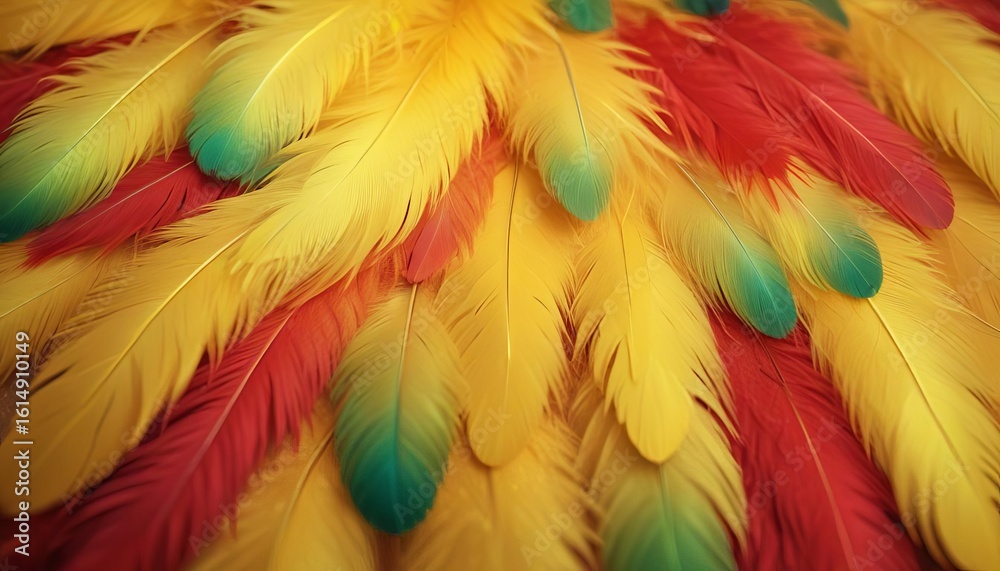 Obraz premium Bright yellow fluffy feathers, with a golden shine, in the sun (macro, top view, texture, holiday background).