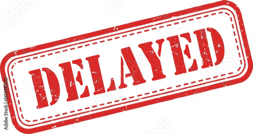 Red grunge rubber stamp with the word "Delayed". Angled vector illustration of a postpone or reschedule seal, isolated on a white background.