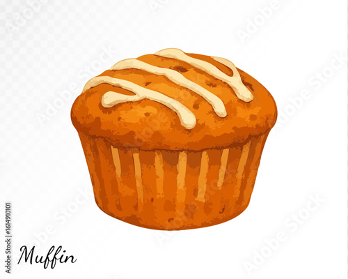 Delicious glazed muffin with icing drizzles on top, painted in warm cozy watercolor style with hand-drawn texture and tasty dessert details. Vector illustration.