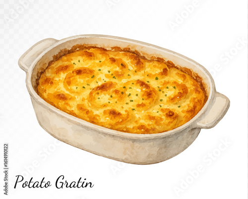 Watercolor potato gratin in a white baking dish, traditional creamy layered potato casserole with cheese, rustic holiday food. Vector illustration.