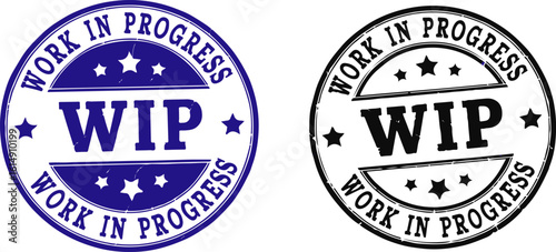  "WIP Work in Progress" rubber stamp icon set. Blue and black grunge style round seals for indicating project status or unfinished work, vector illustration isolated on a white background.
