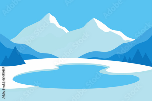 Stylized winter landscape with snow capped mountains and frozen lake