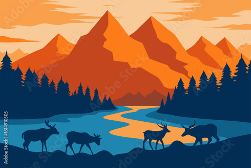 Herd of deer walking along a winding river with mountains and pine trees