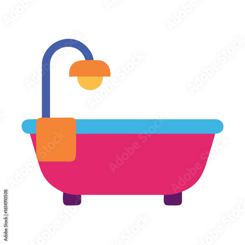 Colorful modern bathtub with shower and towel hanging  