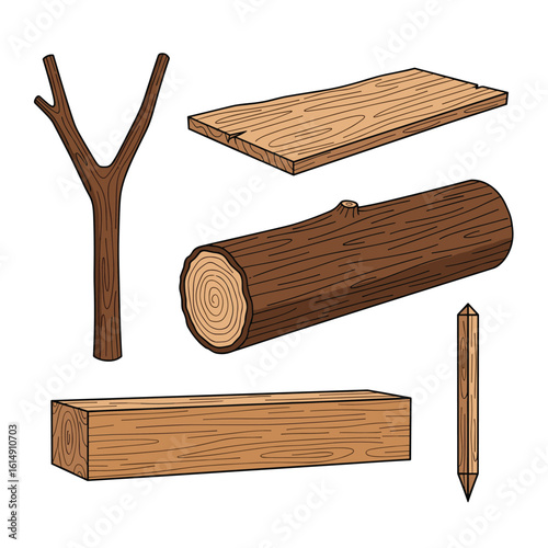 Collection of wooden objects and materials including a y shaped stick a planking board a log a wooden block and a sharpened stake