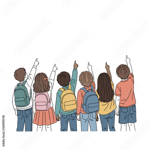 Diverse group of children pointing upwards together celebrating childhood learning and future aspirations
