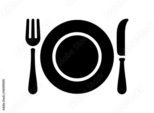 Simple black drawing of fork, plate and knife