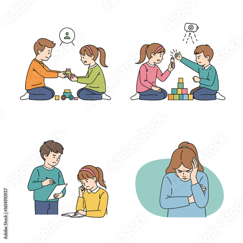 Children learning social skills through play and facing challenges in relationships and emotions with supportive guidance