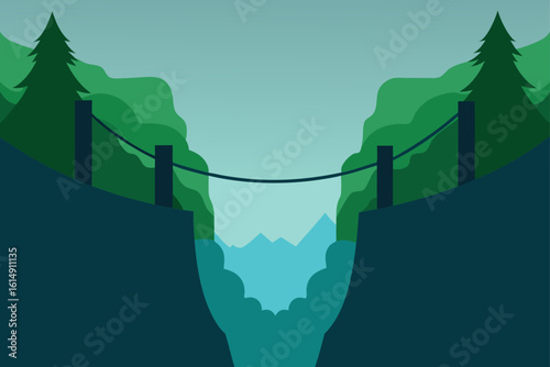 Flat design illustration of a suspension bridge over a gorge with a waterfall