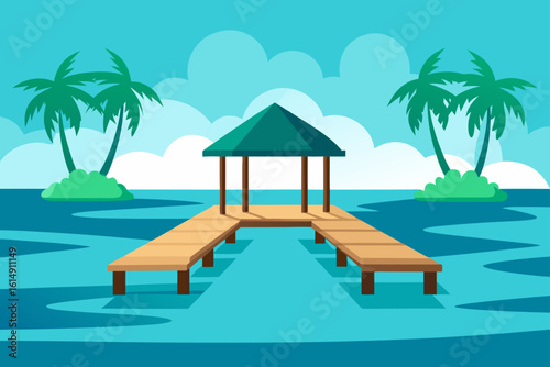 Tropical pier with gazebo and palm trees over the ocean