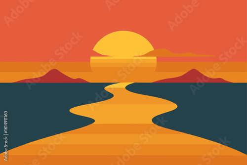 Stylized sunset over the ocean with a winding path of light