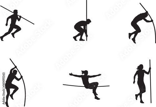 Athletic pole vaulting sequences showing different phases of the jump