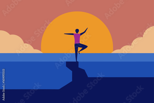 Person practicing yoga on a cliff overlooking the ocean at sunset