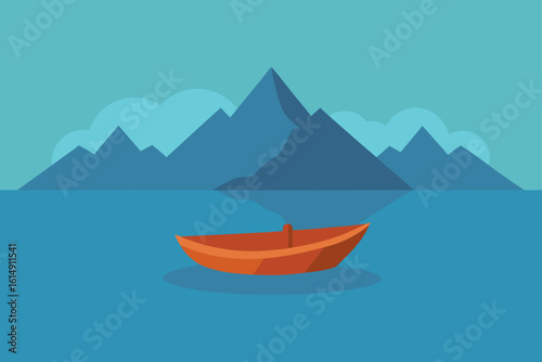 Minimalist illustration of an orange rowboat on a calm blue lake with distant mountains
