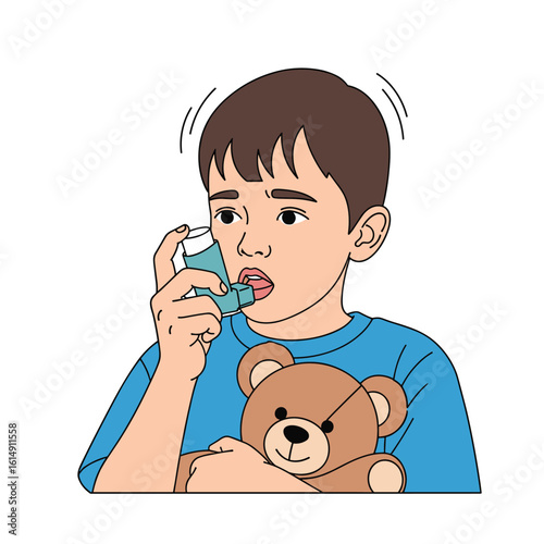 Young boy with a teddy bear uses an inhaler to treat his breathing difficulties showing a common respiratory condition affecting children worldwide