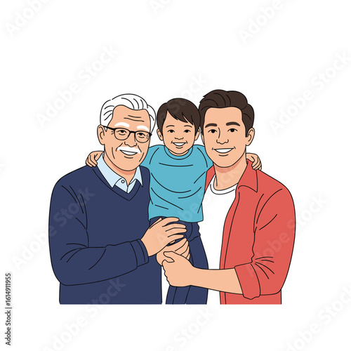 A joyful family portrait featuring three generations of men smiling together in a warm embrace showing love and connection