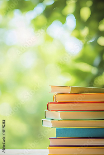 Stack of books on wooden table with blurry nature background generated.AI