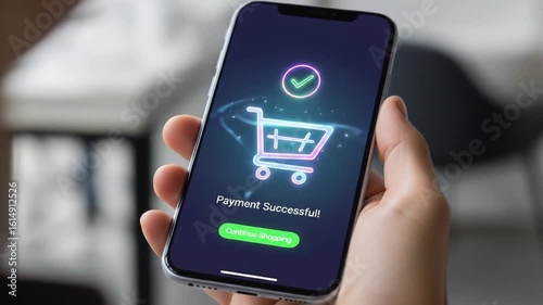 Successful Online Payment on Smartphone with Glowing Shopping Cart Confirmation, convenient mobile