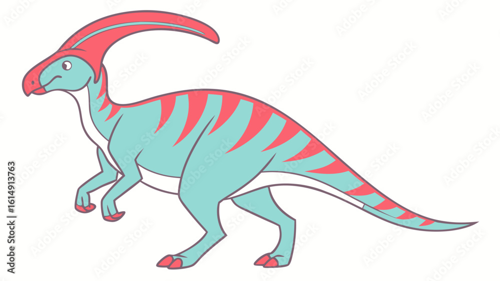 Fototapeta premium Cute cartoon parasaurolophus dinosaur with a distinctive crest and coral stripes on a white background