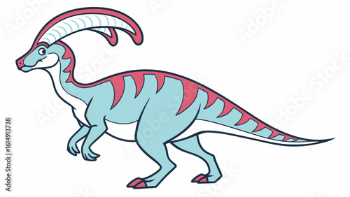 Cute cartoon parasaurolophus dinosaur with a distinctive crest and pink markings on a white background