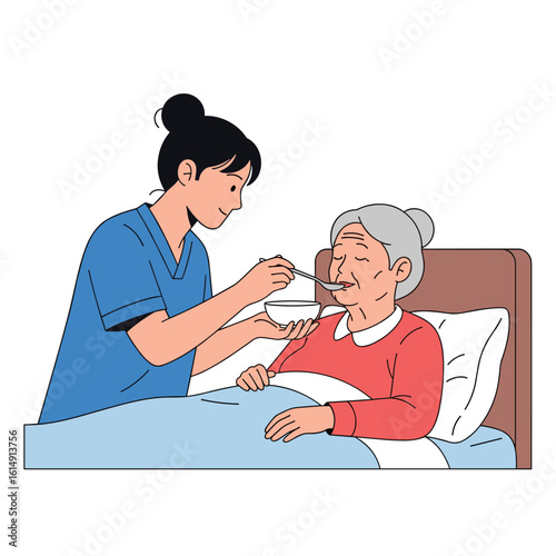 Caring hands providing nourishment and comfort to an elderly patient in bed