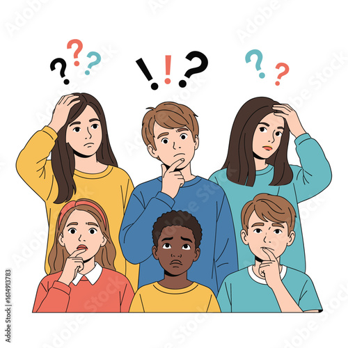 Group of diverse people looking confused pondering questions with thought bubbles above their heads symbolizing uncertainty and inquiry