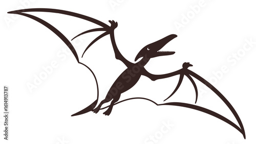 A stylized dark silhouette of a pterodactyl in flight with its wings spread wide against a white background