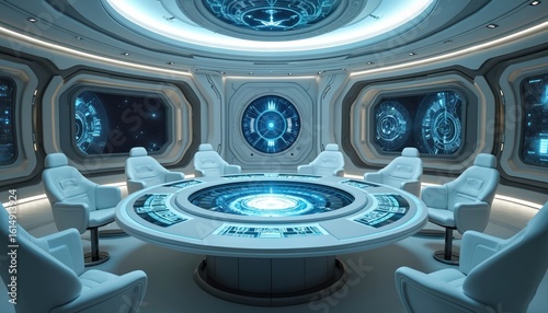 Fototapeta Naklejka Na Ścianę i Meble -  Futuristic spaceship bridge interior features clean, white circular room with holographic display table. Seven comfortable chairs surround central console, offering modern command center for space