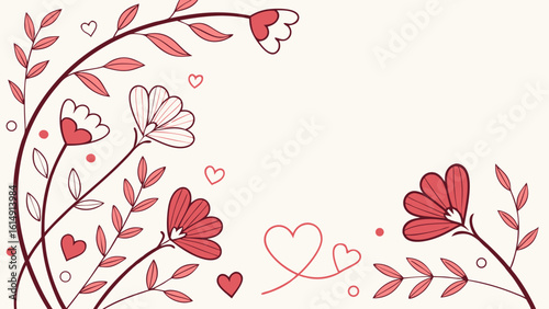 Charming floral border design with delicate flowers and hearts in soft pink and red hues