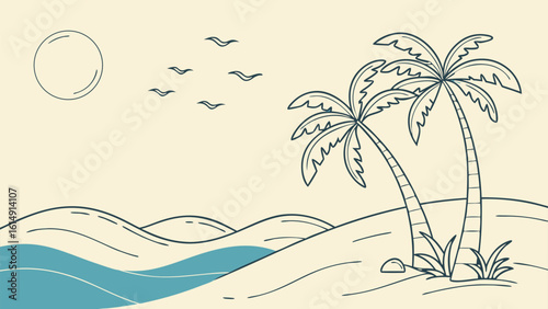 Stylized line art of a tropical beach scene with palm trees ocean waves and flying birds under a circle sun
