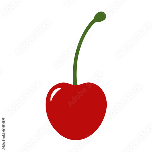 A single ripe red cherry with a green stem and a white highlight on a clean white background