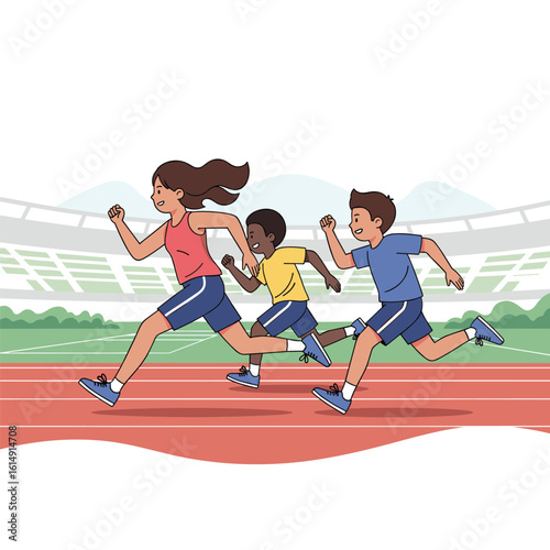 Children enthusiastically participating in a competitive track and field race at a stadium with cheering spectators in the background
