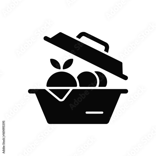 Black and white icon of an open lunchbox with food inside