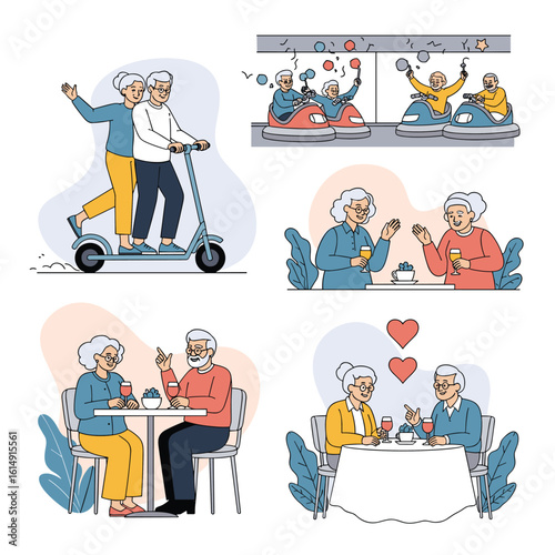 Happy elderly couple enjoying various leisure activities together demonstrating an active and social lifestyle