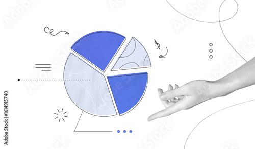 Trendy Collage Hand with pieces of pie chart. Business data analytics and market share concept. Circular diagram parts. Finance graph. Investment strategy. Contemporary vector illustration art