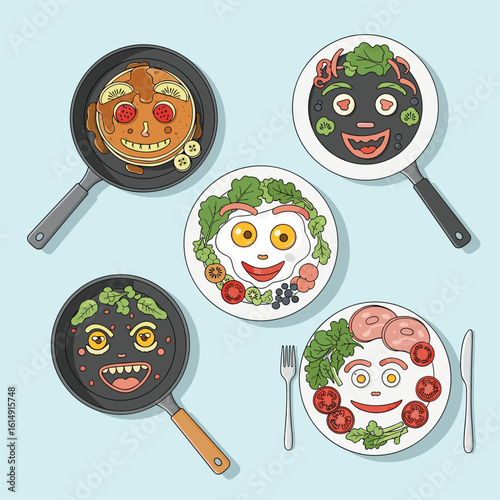 Whimsical breakfast faces crafted from food creating joyful morning meals