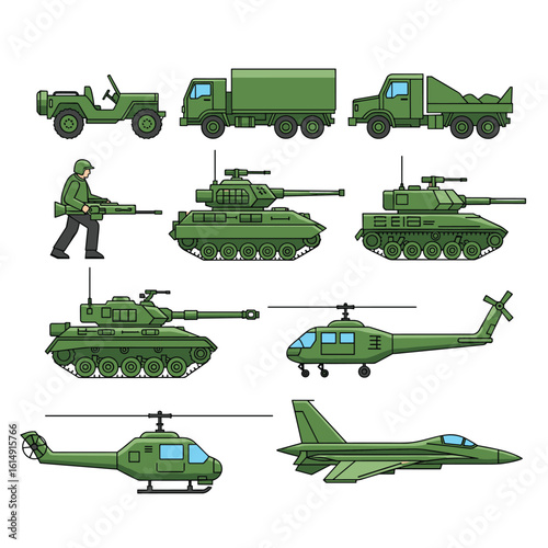 Collection of military vehicles and personnel depicting ground and air combat support equipment