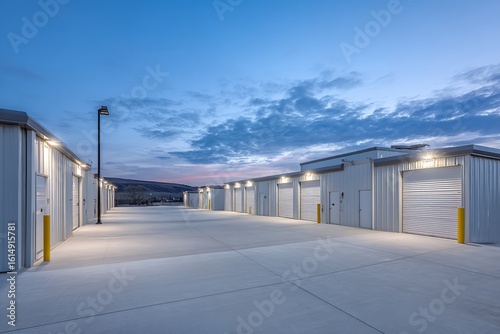 Modern storage units offering secure personal space under the twilight sky with long row and