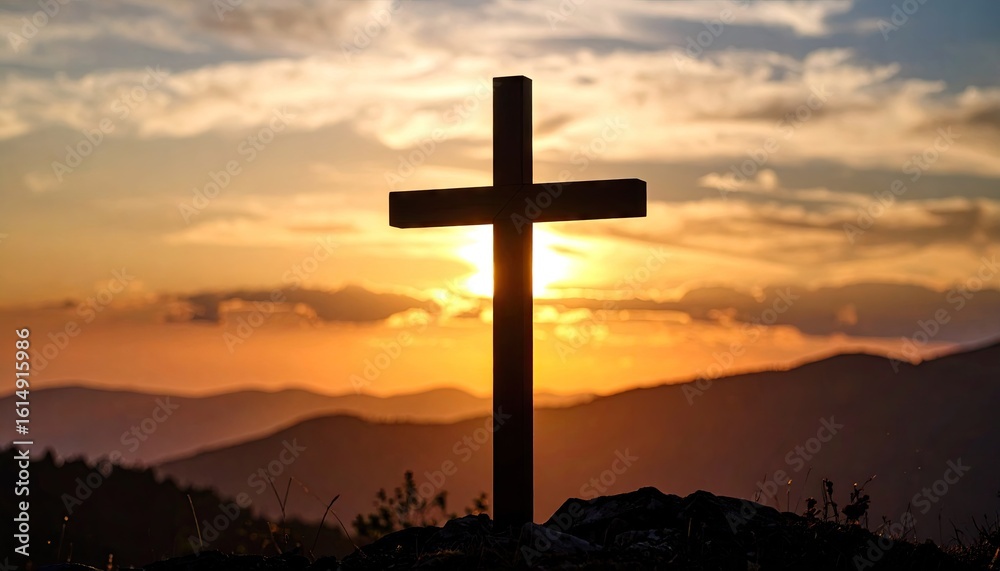 Silhouette of a Cross against a Dramatic Sunset Sky over a Mountain Range