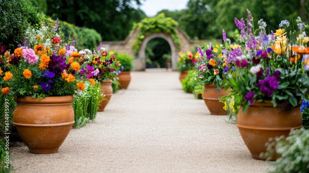 Naklejka premium Vibrant garden display of terracotta pots filled with mixed seasonal flowers