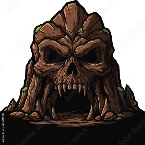 A stylized skull-shaped cave entrance, rocky and menacing.