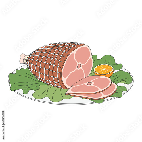 A festive roasted ham presented with fresh green lettuce and sliced orange garnishes on a white platter