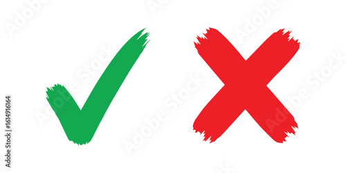 Green Check Mark and Red Cross Symbol Icons – Brushstroke Style on Transparent Background