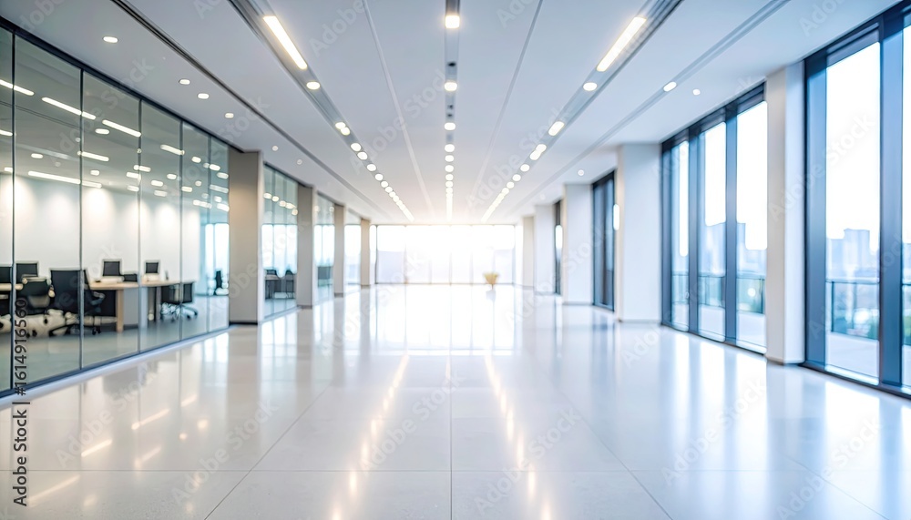 Fototapeta premium Spacious Modern Office Interior with Bright Lights and Large Windows