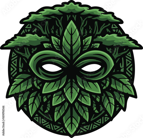 Vector illustration of a mythological nature spirit mask. A green foliate face with an infinity symbol and trees, a pagan forest deity emblem.
