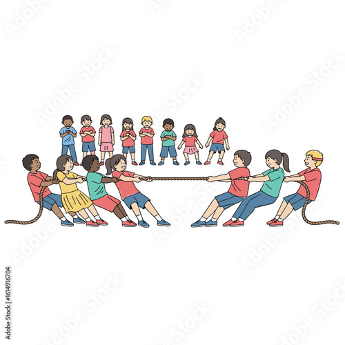 Diverse group of children enthusiastically participating in a fun team tug of war competition outdoors